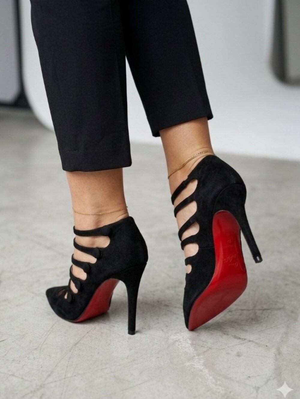 Black Suede Pointed Lace-Up Stiletto Heels with Red Sole by BRASKA